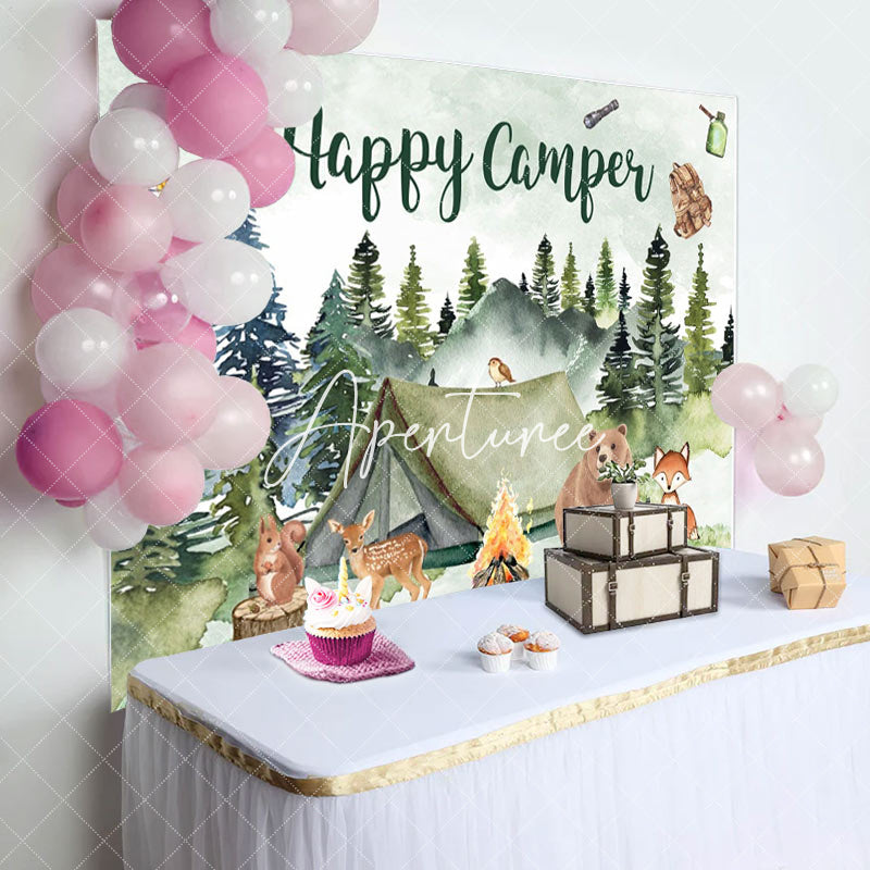 Aperturee - Aperturee Happy Camper Green Watercolor Bear Birthday Backdrop