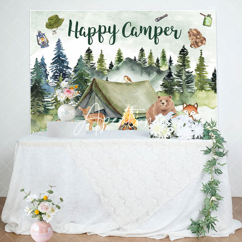 Aperturee - Aperturee Happy Camper Green Watercolor Bear Birthday Backdrop