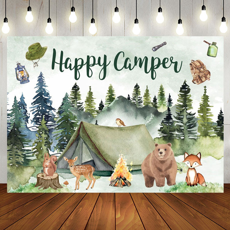 Aperturee - Aperturee Happy Camper Green Watercolor Bear Birthday Backdrop