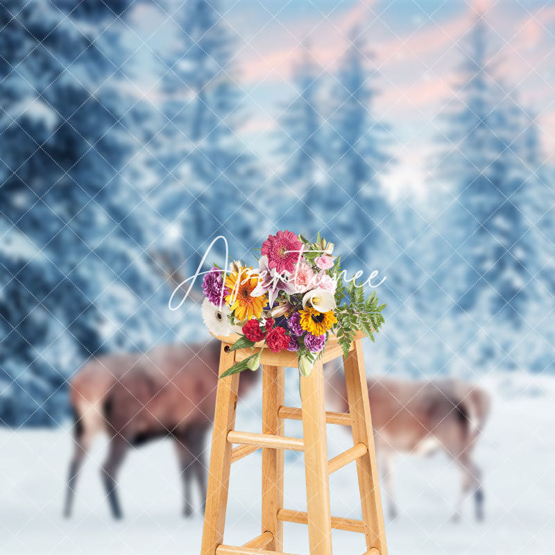 Aperturee - Aperturee Harmonious Deer Moment Wintery Dusk Forest Backdrop