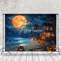 Aperturee - Aperturee Haunted Beach Full Moon Pumpkin Halloween Backdrop