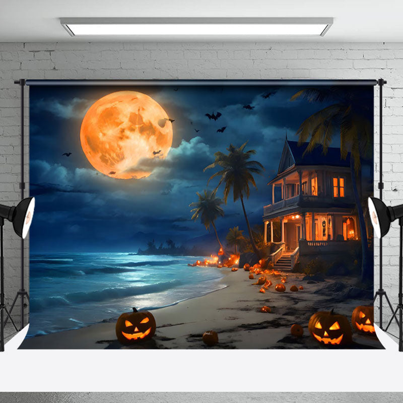 Aperturee - Aperturee Haunted Beach Full Moon Pumpkin Halloween Backdrop