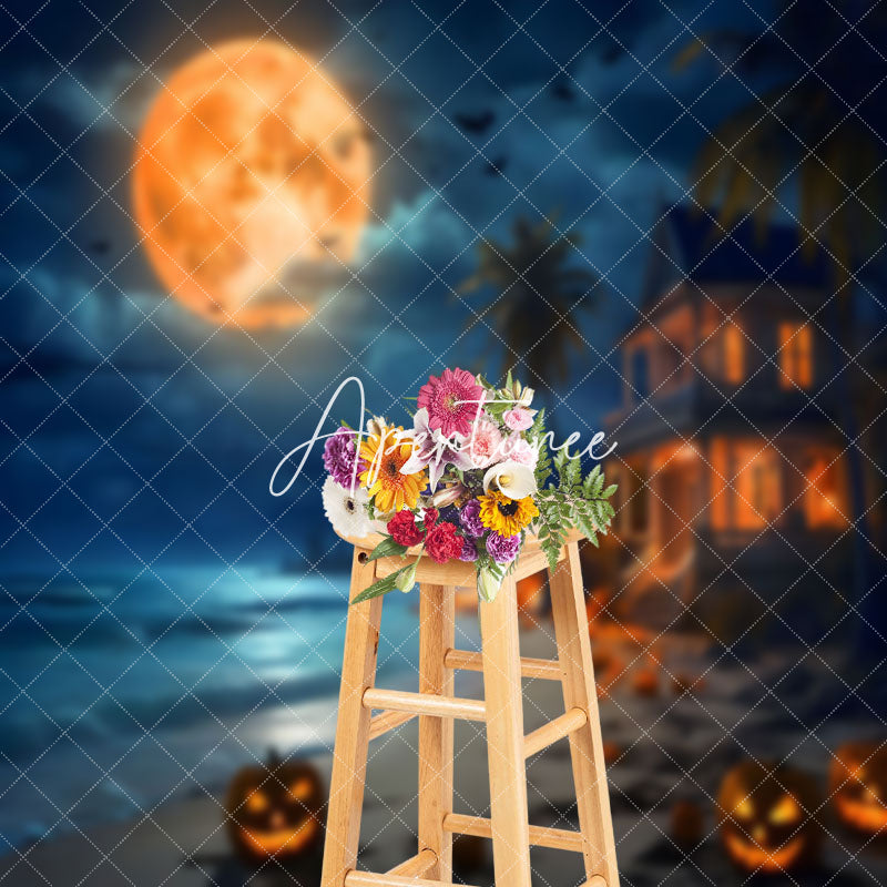 Aperturee - Aperturee Haunted Beach Full Moon Pumpkin Halloween Backdrop