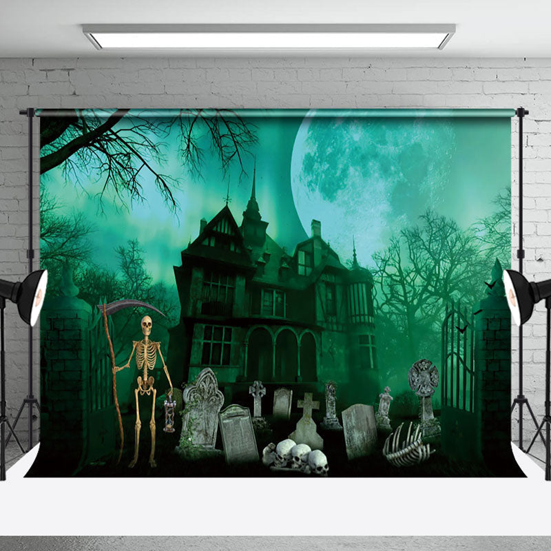 Aperturee - Aperturee Haunted Mansion Graveyard Skeleton Halloween Backdrop