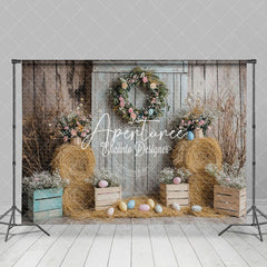 Aperturee - Aperturee Haystack Wooden Wall Colorful Eggs Easter Backdrop