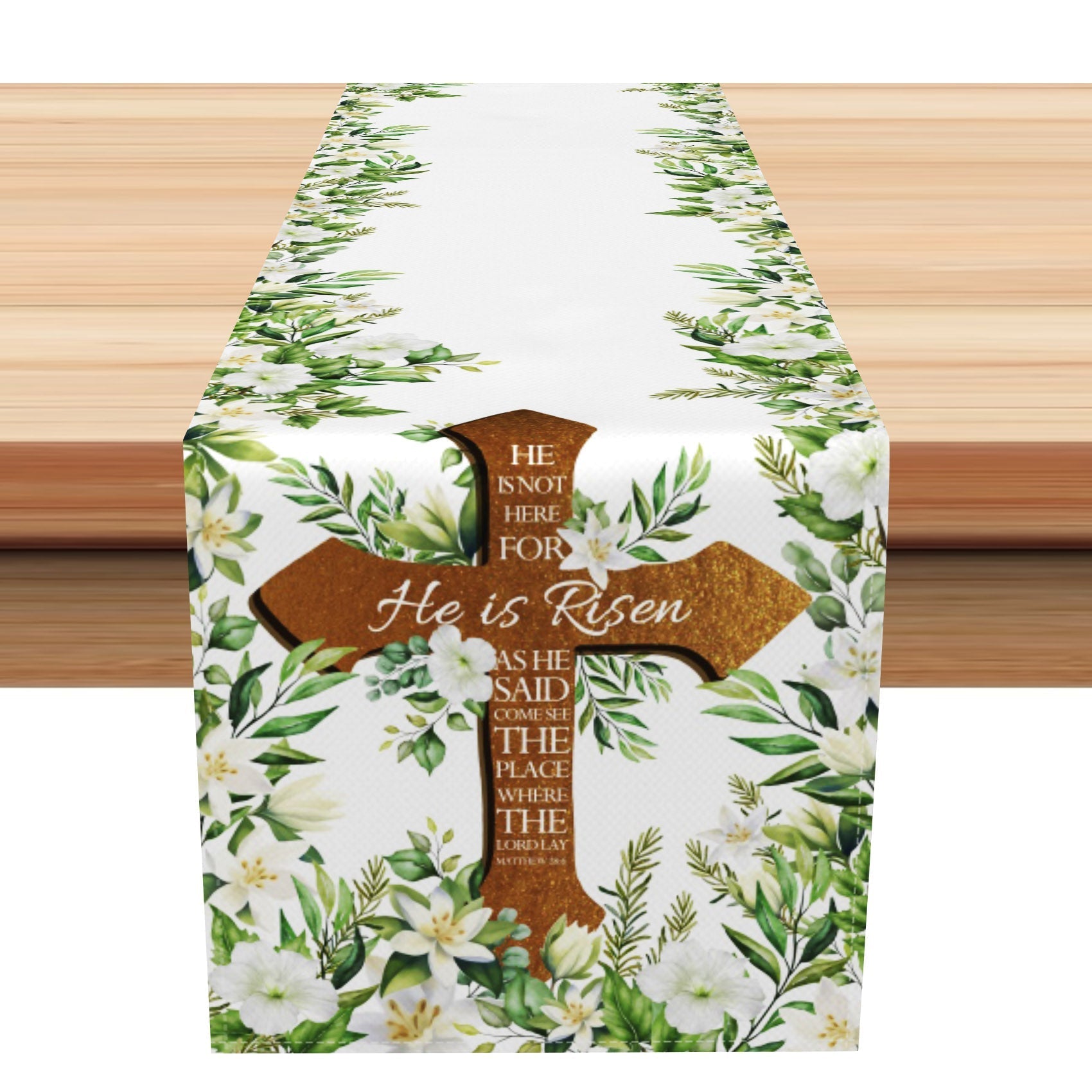 Aperturee - Aperturee He Is Risen Cross Easter Plant Leaves Table Runner