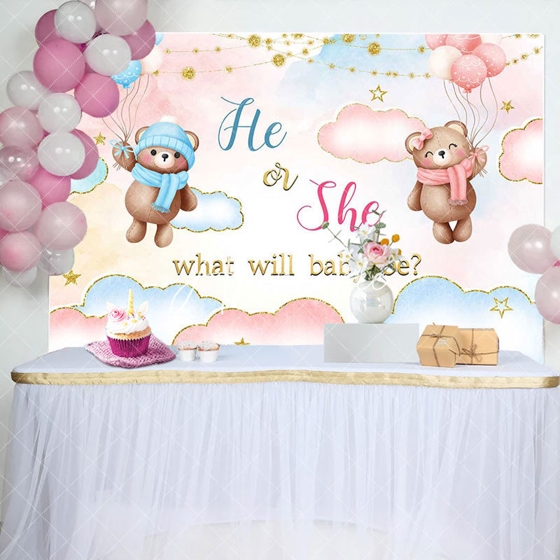 Aperturee - Aperturee He Or She Blue Pink Cloud Bear Gender Reveal Backdrop