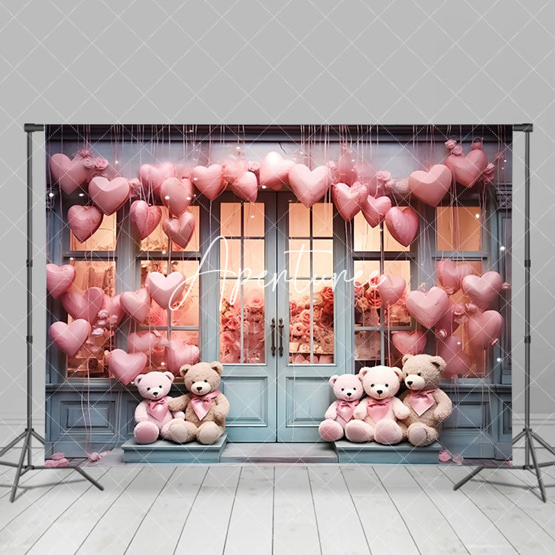 Aperturee - Aperturee Heart Balloon Bear Toy Store Valentines Day Backdrop