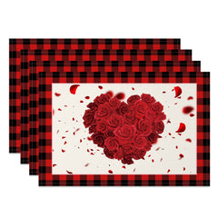 Aperturee - Aperturee Heart Rose Plaid Valentines Day Set Of 4 Placemats