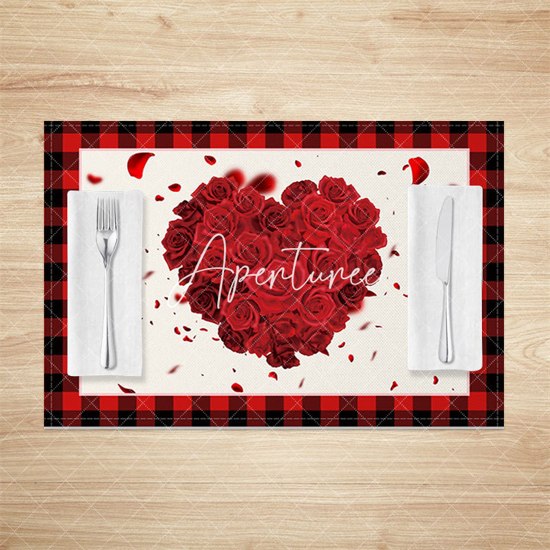 Aperturee - Aperturee Heart Rose Plaid Valentines Day Set Of 4 Placemats