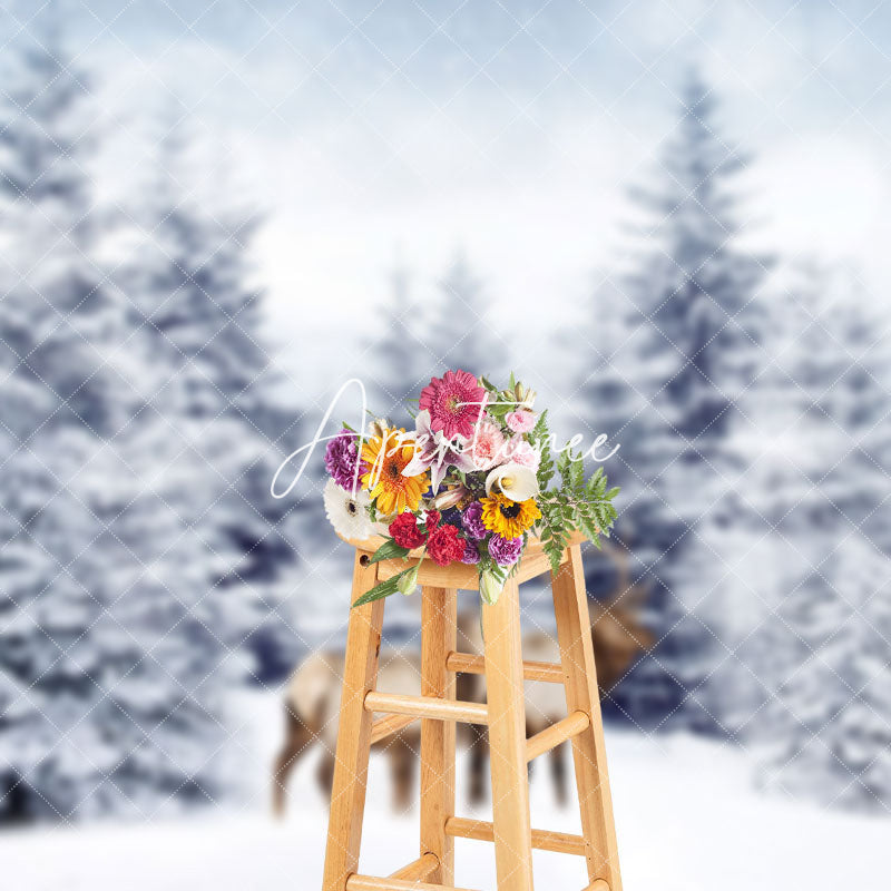 Aperturee - Aperturee Heavy Snow White World Forest Elk Winter Backdrop