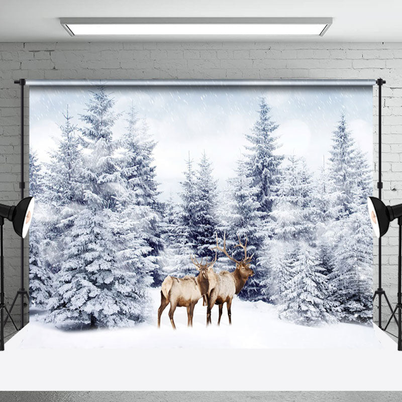 Aperturee - Aperturee Heavy Snow White World Forest Elk Winter Backdrop