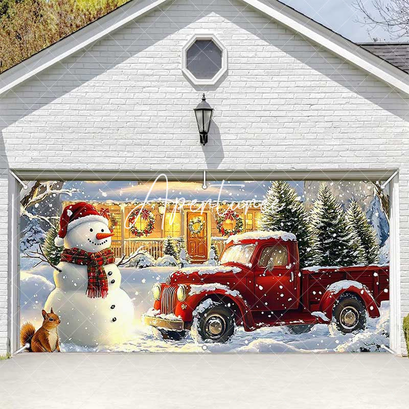 Aperturee - Aperturee Heavy Snowy Snowman Red Truck Garage Door Banner