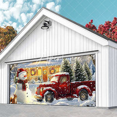 Aperturee - Aperturee Heavy Snowy Snowman Red Truck Garage Door Banner