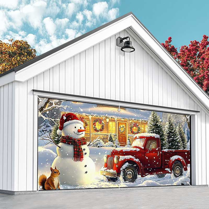 Aperturee - Aperturee Heavy Snowy Snowman Red Truck Garage Door Banner