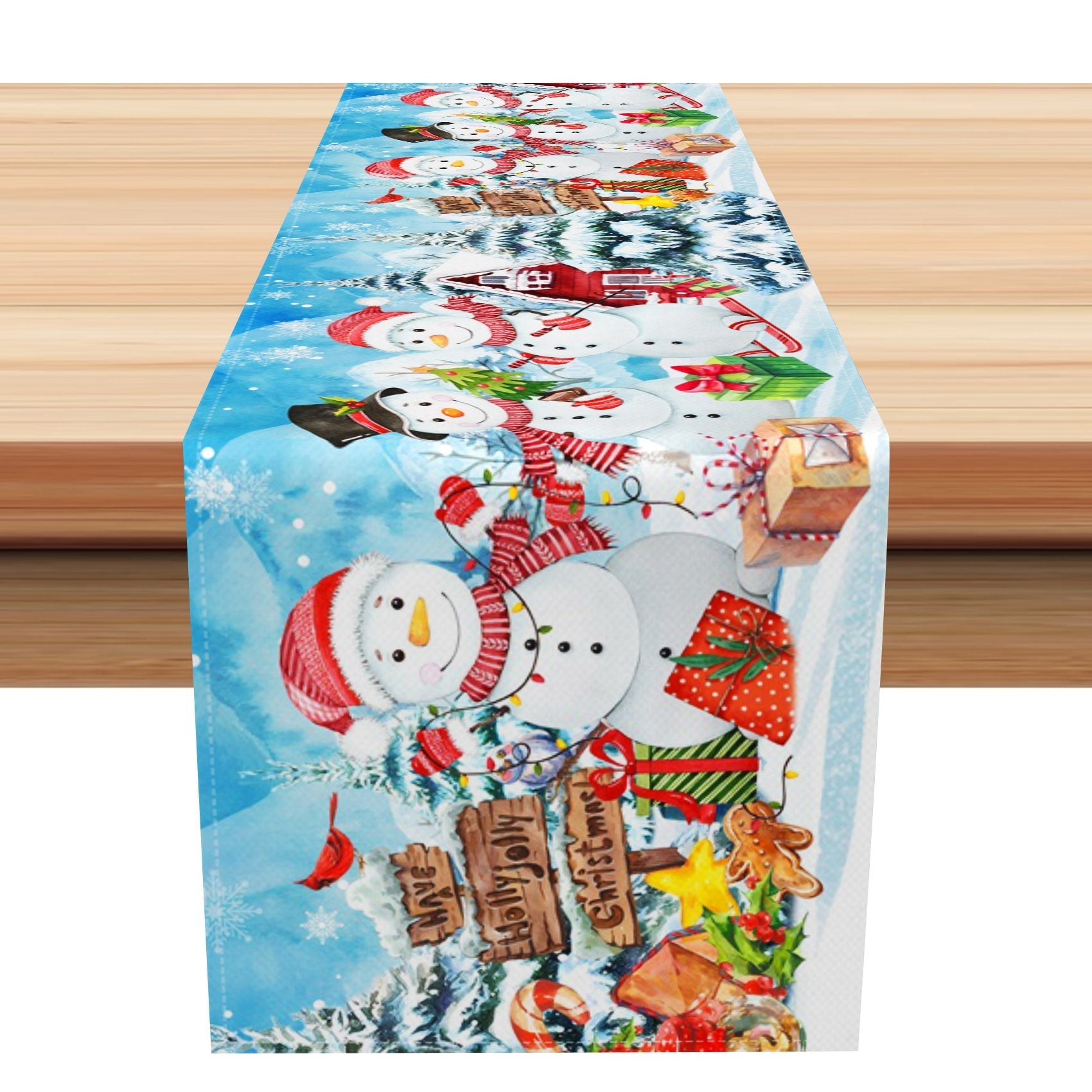 Aperturee - Aperturee Hollyjolly Christmas Town Snowman Gifts Table Runner