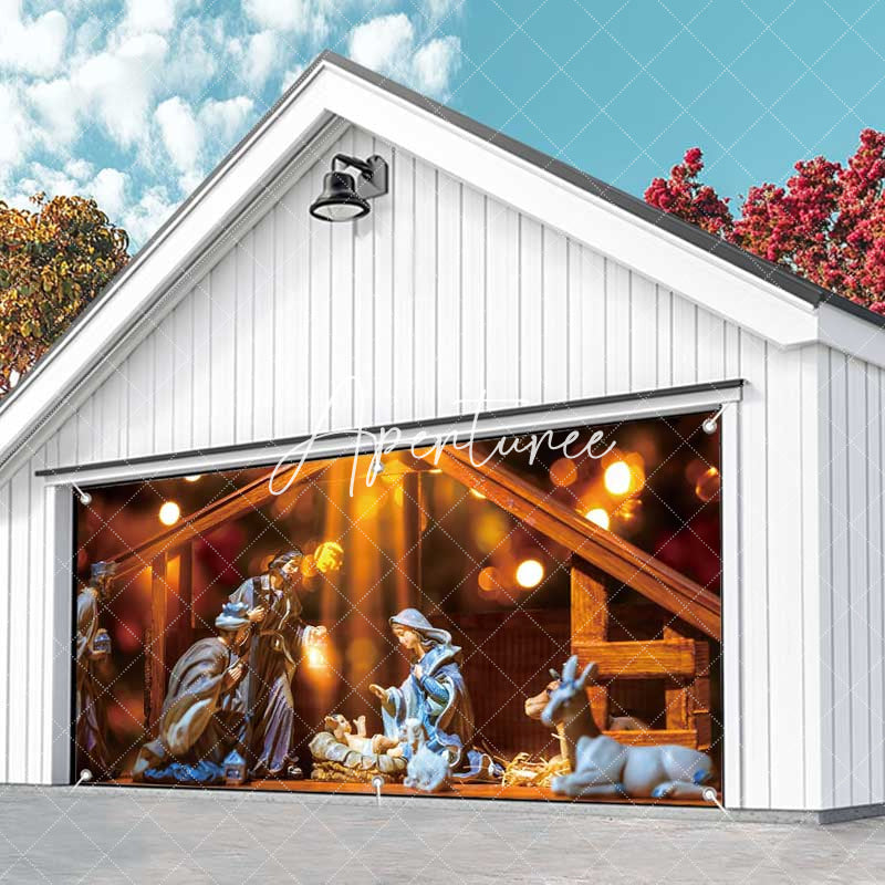 Aperturee - Aperturee Holy Light Bokeh Jesus Birth Barn Garage Door Banner