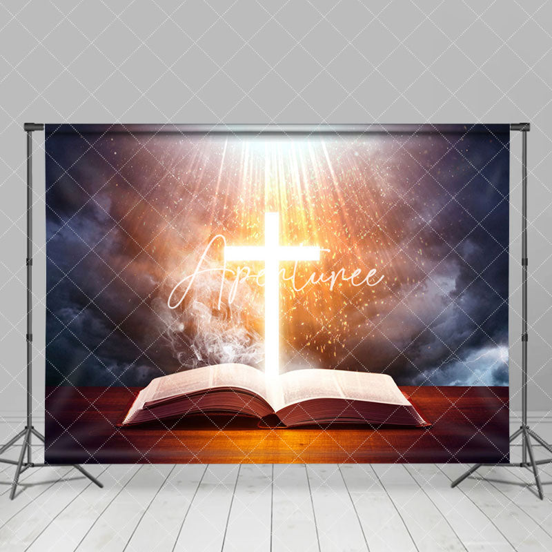 Aperturee - Aperturee Holy Lighted Cross Open Bible Easter Photo Backdrop