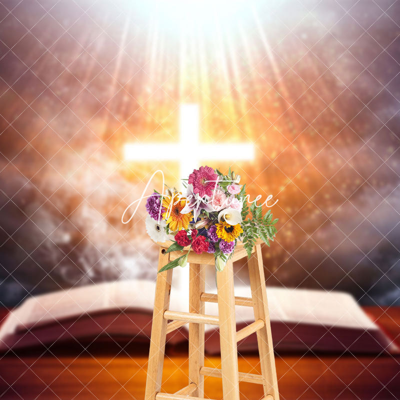 Aperturee - Aperturee Holy Lighted Cross Open Bible Easter Photo Backdrop