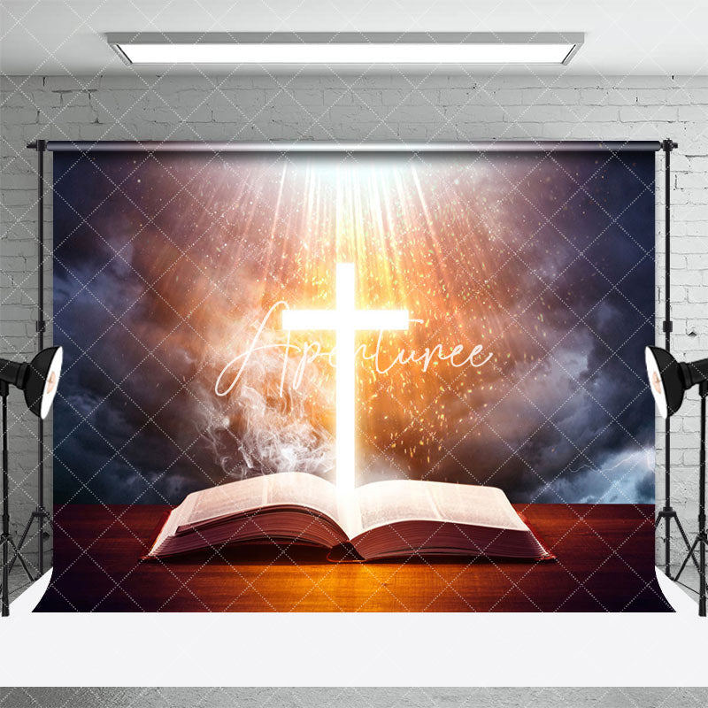 Aperturee - Aperturee Holy Lighted Cross Open Bible Easter Photo Backdrop