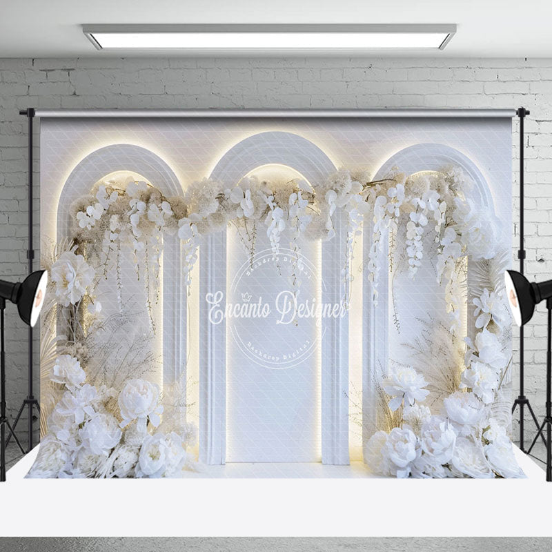 Aperturee - Aperturee Holy White Arch Lighted Wall Floral Wedding Backdrop