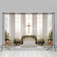 Aperturee - Aperturee Holy White Window Cross Floral Wedding Photo Backdrop