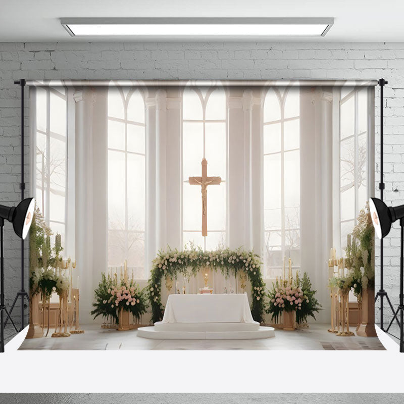 Aperturee - Aperturee Holy White Window Cross Floral Wedding Photo Backdrop