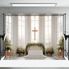 Aperturee - Aperturee Holy White Window Cross Floral Wedding Photo Backdrop