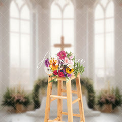 Aperturee - Aperturee Holy White Window Cross Floral Wedding Photo Backdrop