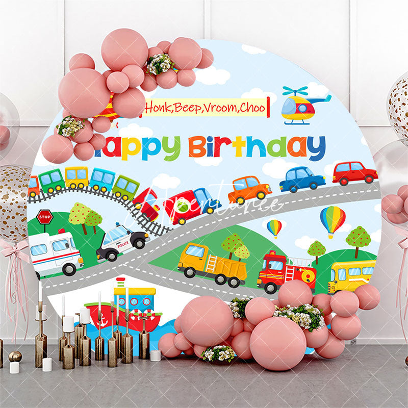 Aperturee - Aperturee Honk Beep Vroom Choo Round Happy Birthday Backdrop