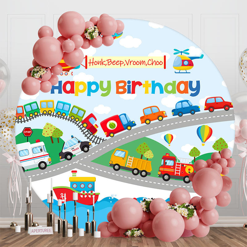 Aperturee - Aperturee Honk Beep Vroom Choo Round Happy Birthday Backdrop