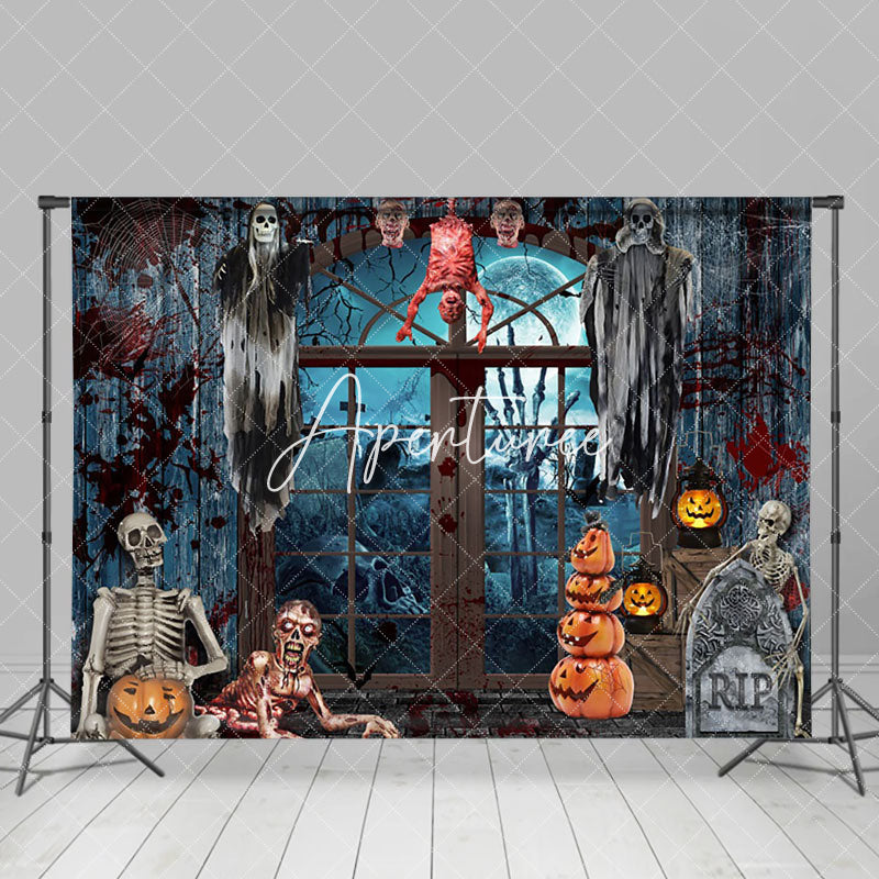 Aperturee - Aperturee Horror Bloody Skeleton Haunted Halloween Backdrop