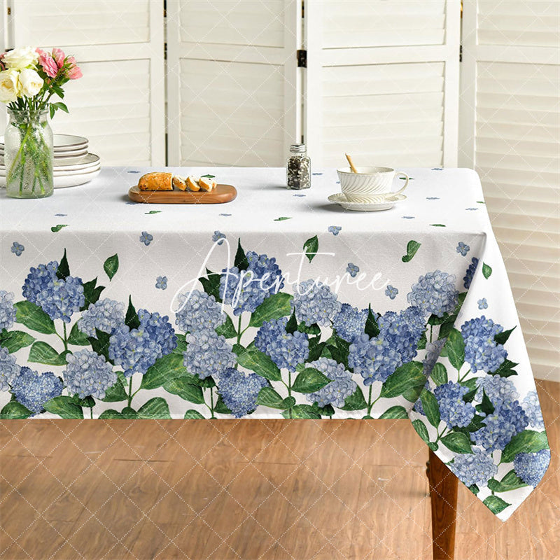 Aperturee - Aperturee Hydrangea Blue Floral Spring Rectangle Tablecloth