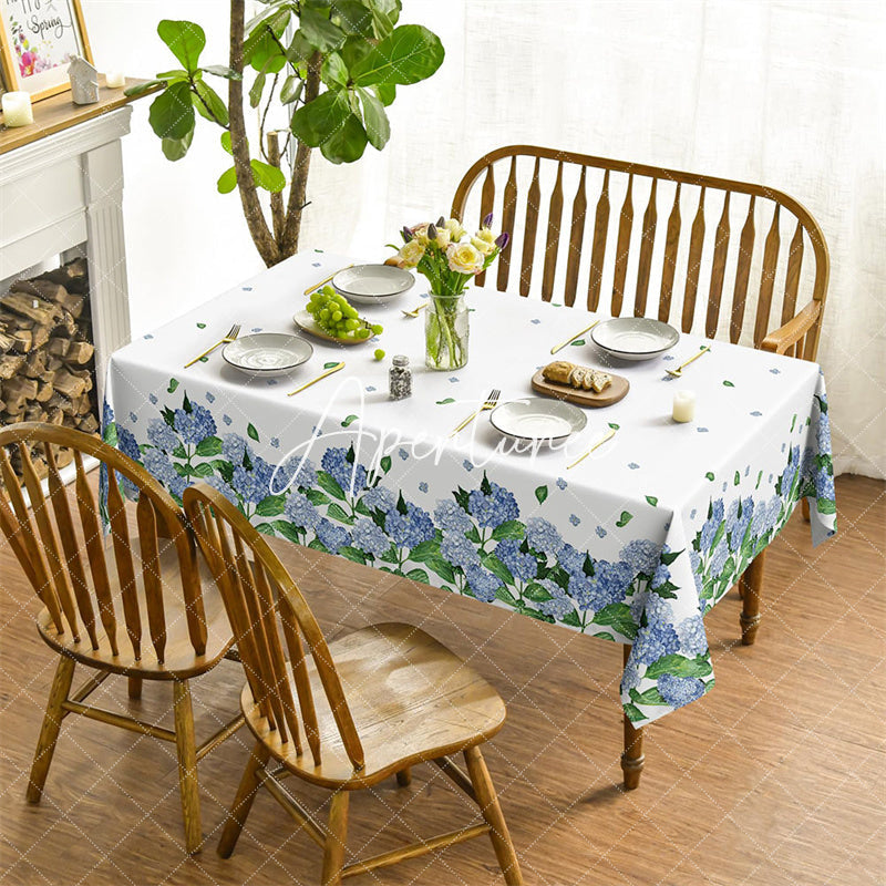 Aperturee - Aperturee Hydrangea Blue Floral Spring Rectangle Tablecloth