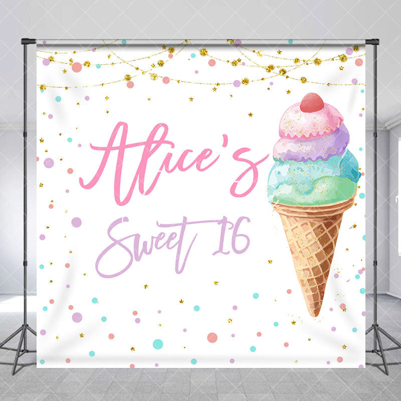 Aperturee - Aperturee Ice Cream Custom Name Sweet 16 Birthday Backdrop