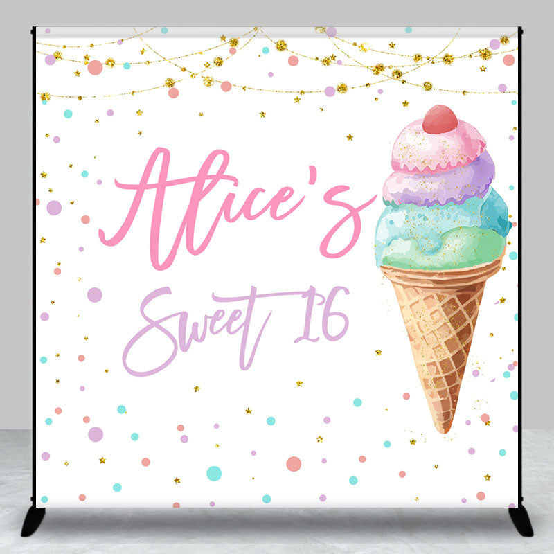 Aperturee - Aperturee Ice Cream Custom Name Sweet 16 Birthday Backdrop