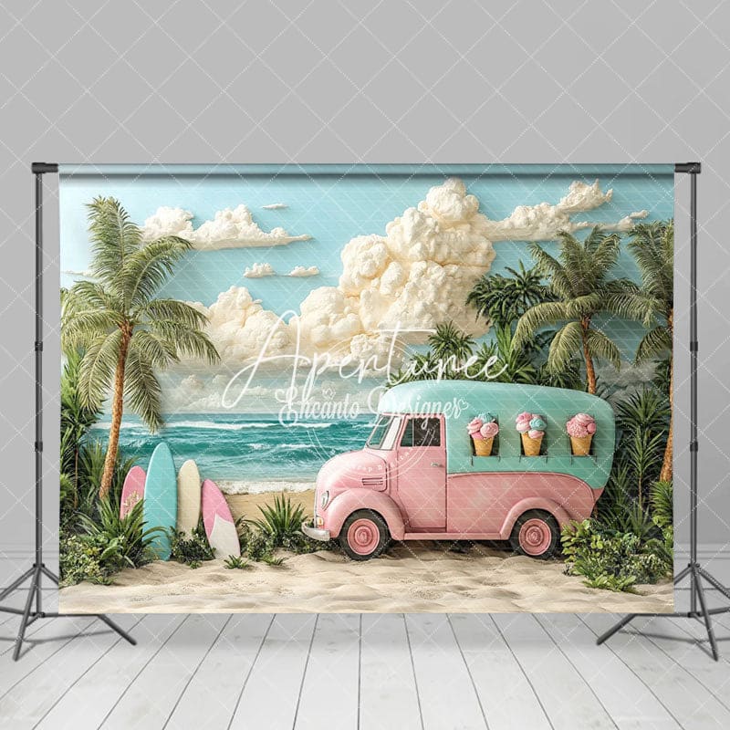 Aperturee - Aperturee Ice Cream Truck Beach Summer Photography Backdrop