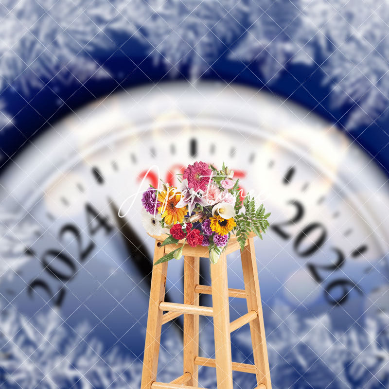 Aperturee - Aperturee Ice Pine Leaves Clock 2025 Happy New Year Backdrop