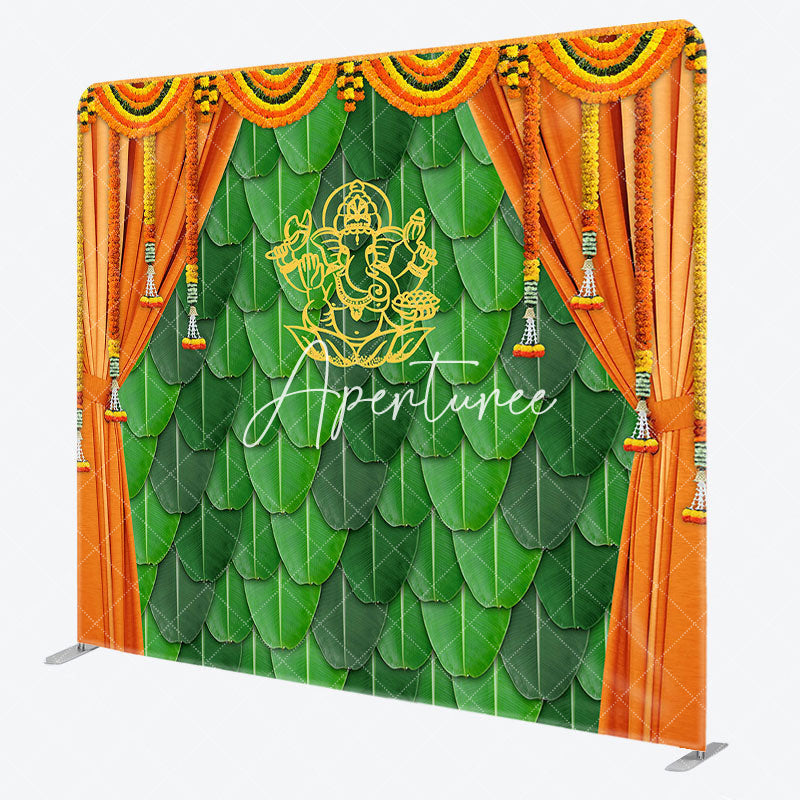 Aperturee - Aperturee Indian Green Leaves Wall Curtain Square Backdrop