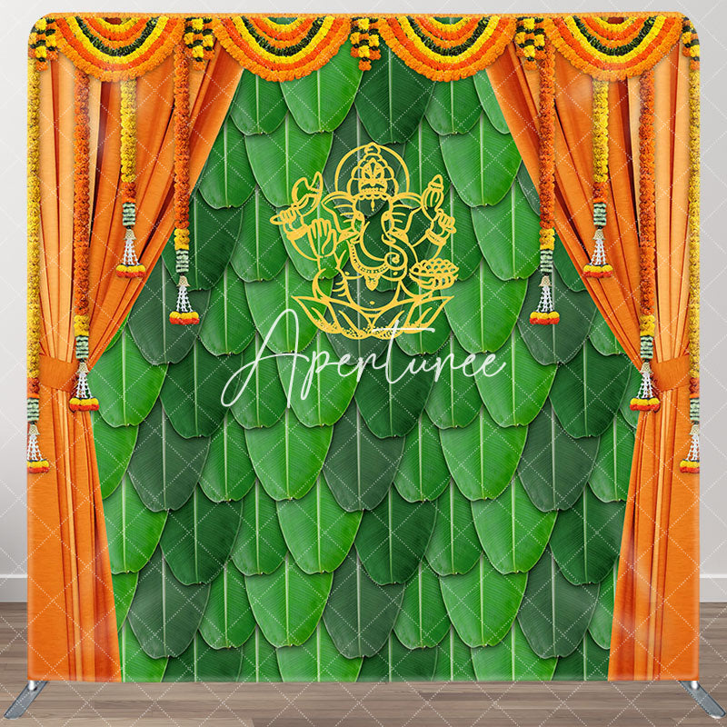 Aperturee - Aperturee Indian Green Leaves Wall Curtain Square Backdrop