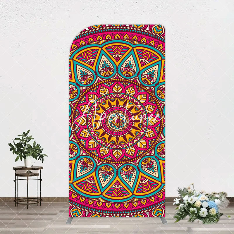 Aperturee - Aperturee Indian Mandala Boho Floral Birthday Arch Backdrop