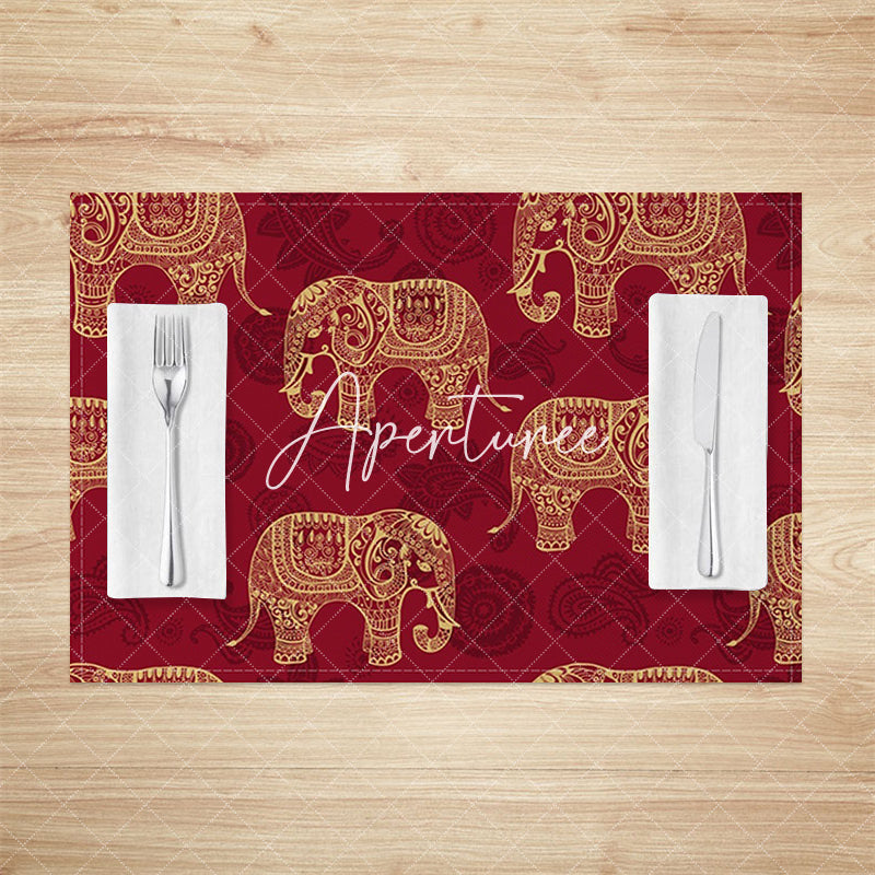 Aperturee - Aperturee Indian Red Gold Elephant Pattern Set Of 4 Placemats