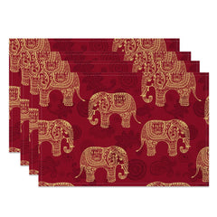 Aperturee - Aperturee Indian Red Gold Elephant Pattern Set Of 4 Placemats