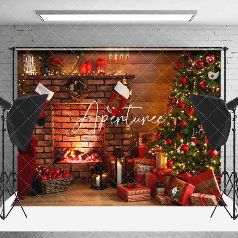 Aperturee - Aperturee Indoor Fireplace Gifts Tree Christmas Vibe Backdrop