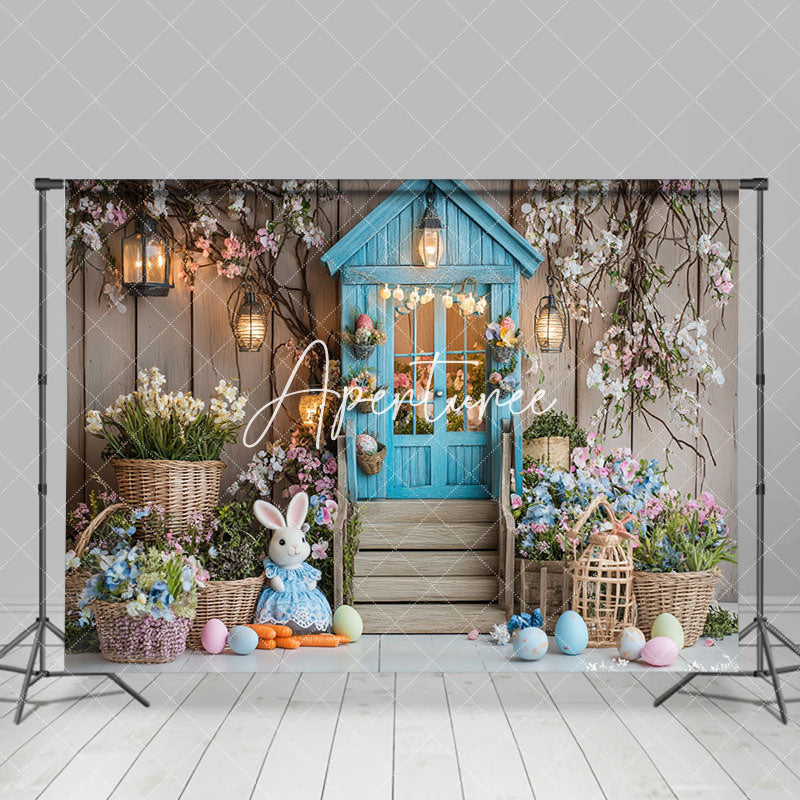 Aperturee - Aperturee Indoor Floral Teal House Bunny Eggs Easter Backdrop