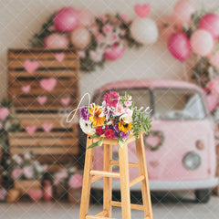 Aperturee - Aperturee Indoor Pink Bus Balloons Wood Romantic Backdrop