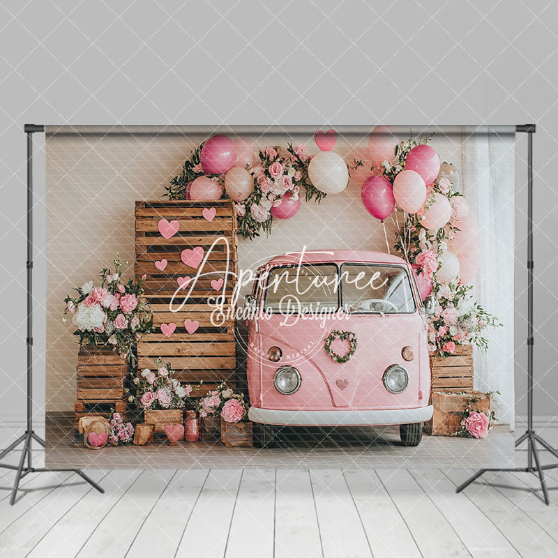 Aperturee - Aperturee Indoor Pink Bus Balloons Wood Romantic Backdrop