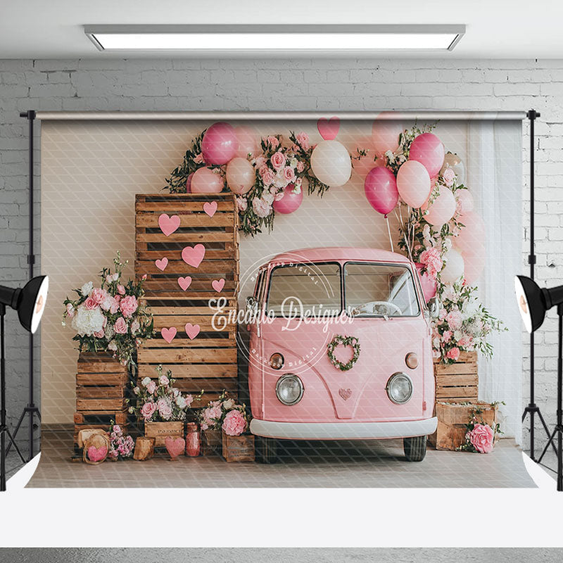 Aperturee - Aperturee Indoor Pink Bus Balloons Wood Romantic Backdrop