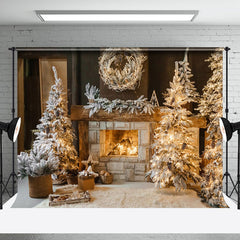 Aperturee - Aperturee Indoor Snowy Trees Warm Fireplace Christmas Backdrop