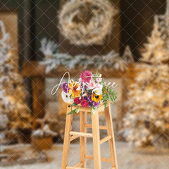 Aperturee - Aperturee Indoor Snowy Trees Warm Fireplace Christmas Backdrop